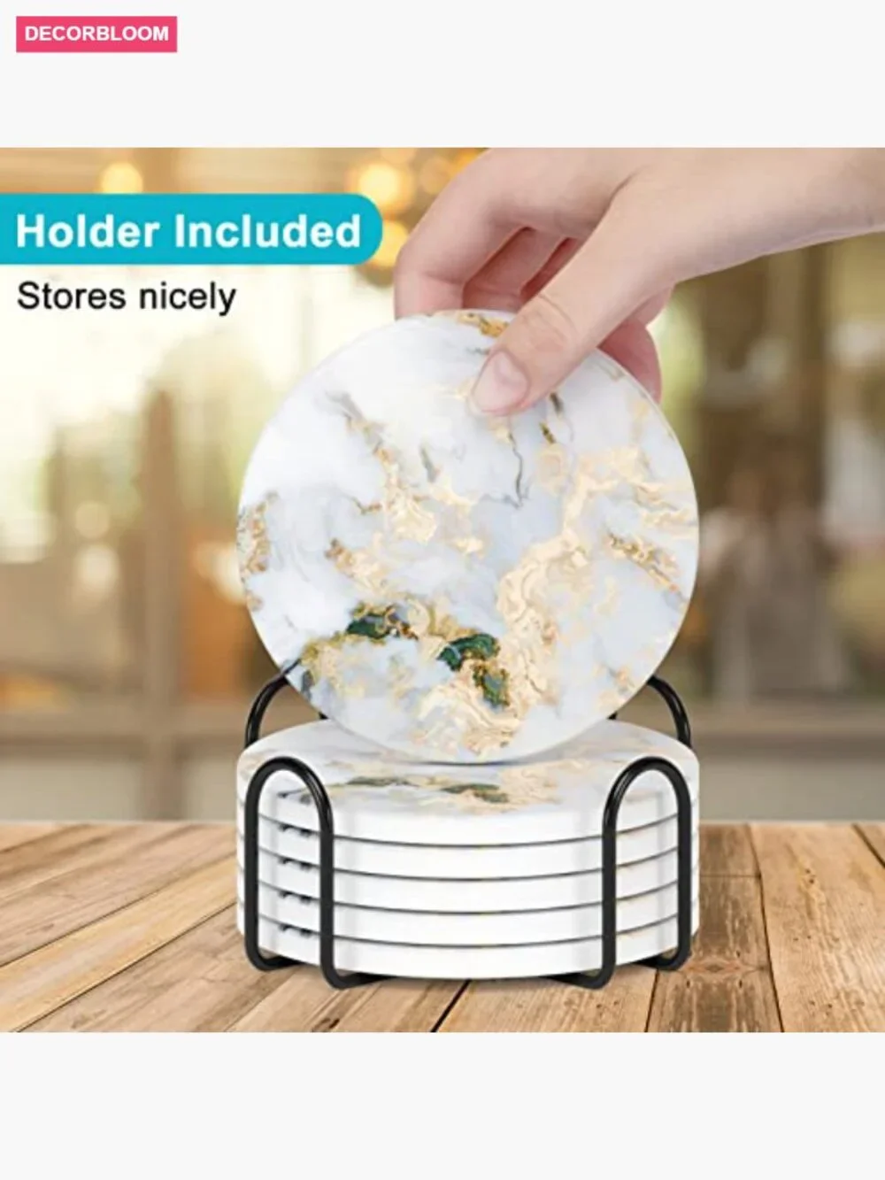 Set of 6 Absorbent Ceramic Coasters with Holder